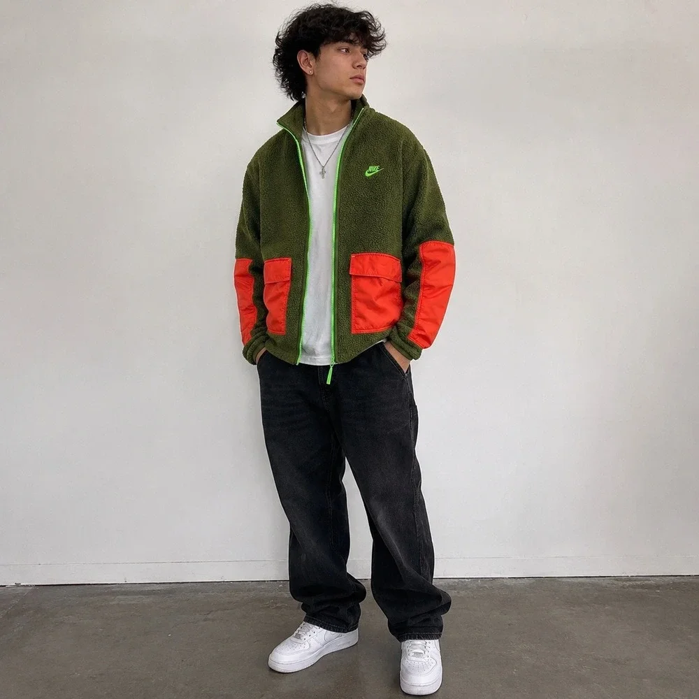Nike Sportswear Sport Essentials+ Fleece Jacket Men's M Green Orange Full Zip